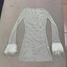 Elegant Fashion Sexy Mini Dress Women Feathers Tassel Full Sleeve See Through Dress Summer Pink Shinny Club Party Dress Outfit - White - View 4