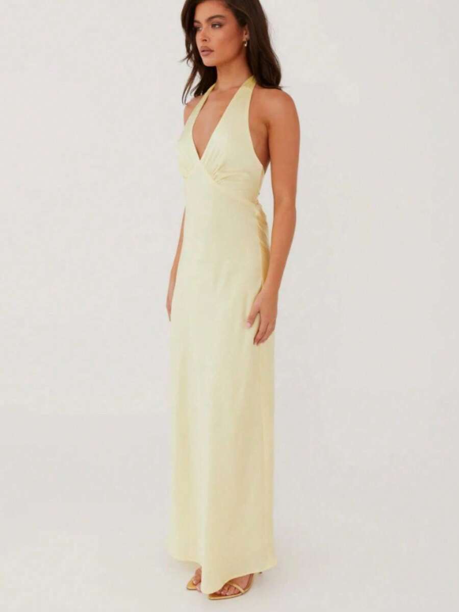 Vestido mujer 2026 verano nuevo, satén liso, sin mangas, cuello V y cuello halter, sensual con espalda descubierta, correa ajustable y ajustado, largo - Amarillo - Ver 1