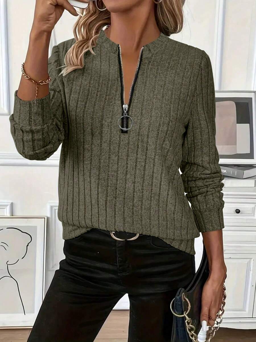 Women's Ribbed Knit Zip Up Top Solid Color Long Sleeve Slim Fit Casual Autumn Winter Sweater - 軍綠色 - 查看 1
