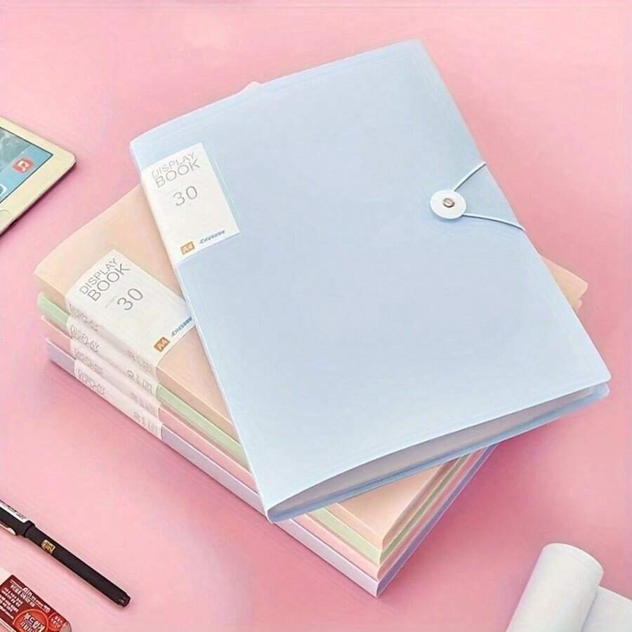 A4 展示書 30 個口袋,按扣式展示夾,透明封面文件整理夾,防水 PP 夾本,適用於學校、辦公室、藝術品、證書、報告,便攜式學生儲存數據文件,儲存管理桌面儲存管理紙張,學生考卷夾儲存相簿文件袋 - A - 查看 1