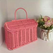 1 Covered Woven Home Style Storage Basket - Durable Plastic Rattan-Style Storage Container, Cottage Woven Design, Suitable For Indoor And Outdoor Use,H Hidden Lid, For Storing Blankets, Groceries - Home Decor Storage Basket, Suitable For Bookshelves, Wall Shelves, Etc. - Xem 6