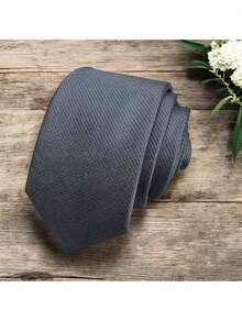 Men's Striped Tie In A Solid Color With A Quality Texture, Essential For Weddings, Business, And Formal Occasions. - Gris Oscuro - View 2