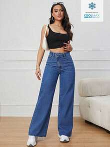 Pantalones Largos De Mezclilla De Cintura Alta Cruzada Para Mujer - Azul lavado medio - Ver 4