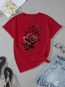 Camiseta de verano de talla grande con cuello redondo estampada con rosas rojas y mariposas - Rojo - Ver 3