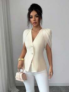 Blazer elegante y romántico para mujer con cuello en V, plisado y cintura ceñida - Albaricoque - Ver 7