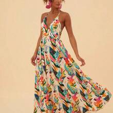 TRVLCHIC Mother's Day Tropical And Floral Printed Spaghetti Strap Backless Dresses For Women,Mother's Day Gift Ideas, Gift From Daughter,Summer Clothes,Beach Outfits For Woman,Rave Outfits Festival,Tropical Vacation, Bohemian Outfits, Ibiza Outfits, Western Style - Albaricoque - Ver 7