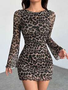 Vestido corto de mujer con mangas campana y malla con estampado de leopardo - Marrón - Ver 5