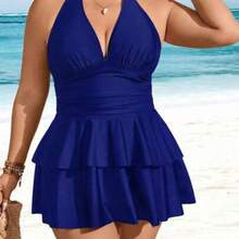Swim Lushore Plus Size Solid Color V-Neck Ruffle Multi-Layer Hem Swimwear Dress Two Pieces Set, Fashionable Resort Style For Women For Summer Beach Vacation - Azul - Ver 1