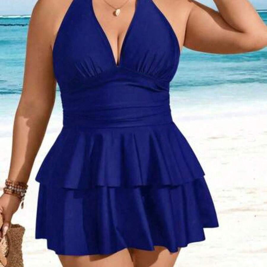 Swim Lushore Plus Size Solid Color V-Neck Ruffle Multi-Layer Hem Swimwear Dress Two Pieces Set, Fashionable Resort Style For Women For Summer Beach Vacation - Azul - Ver 1