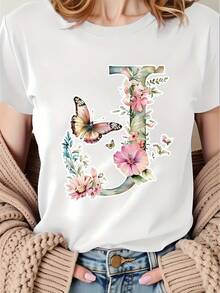 A Women's Outfit For Spring And Summer, Consisting Of A T-Shirt With The Letter J, Decorated With Floral And Butterfly Patterns. It Has A Round Neck And Short Sleeves. - White - View 12