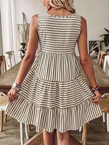 Vestido casual de mujer a rayas para vacaciones, de estilo minimalista y apropiado para el verano - Café 2 - Ver 2
