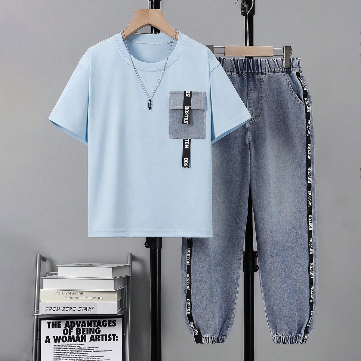 Conjunto de top de manga corta con bolsillo y pantalón con cinta para niños preadolescentes, estampado casual, para uso diario en primavera/verano
