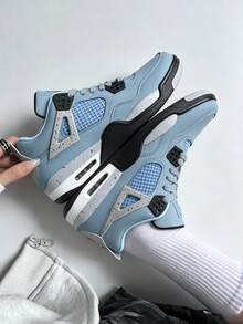 Unisex Vintage Light Blue Gray Basketball Sneakers, Retro Cement Print Air Cushion Casual Trainers, Street Sports Shoes For Couples - Đại học Xanh 3 - Xem 5