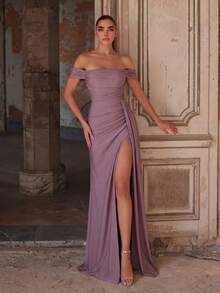 Off-Shoulder Draped Ruched Satin Formal Dress, Elegant Bridesmaid Dress - Mauve Purple - View 1