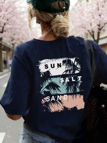 New Women's Summer T-Shirt, Minimalist, With Letter Print And Sunset Maple Leaves, Round Neck, Short Sleeve, Dark Gray Color, Modern And Versatile, Suitable For Casual Daily Wear And Vacation - 海軍 - 查看 5