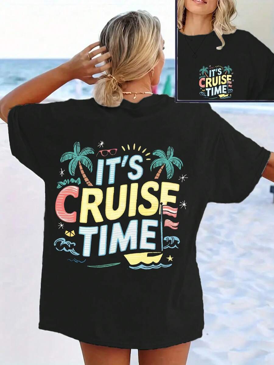 Women's Short-Sleeved T-Shirt With Round Neck, Front And Back Holiday Print, Casual Style For Spring/Summer, Comfortable And Versatile - 黑色 - 查看 1