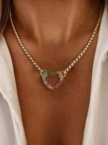 1pc Gold Heart Necklace With Letter Pendant And Compass Diamond Chain, Unique Luxury Style, Suitable For Women's Daily Work Decoration - Yellow Gold - View 4