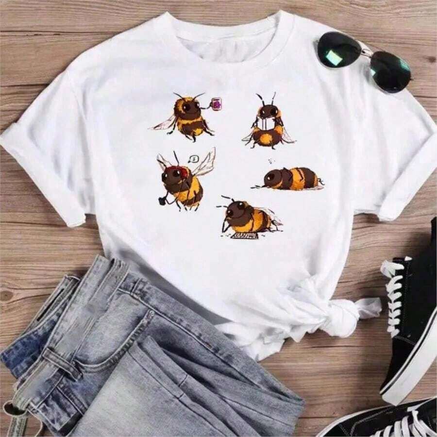 COOL SUMMER Women's Cartoon Fish Print T-Shirt, Soft Cotton, Short Sleeve, Vintage Style, Unisex, Loose Fit, Cotton, Round Neck, Casual Street Style, Blouses For Women, Women's T-Shirts, Casual Blouses For Ladies. - 白色 8 - 查看 1
