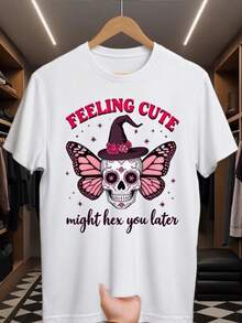 Camiseta de cráneo y maosa de bruja gótica de las mujeres - "Sentirse lindo podría hexagonizarlo más tarde" eslogan, manga corta de uste suelto blanco cuello redondo con estampado de hexágono rosa y negro para tres brujos y estilo gótico - Blanco - Ver 2