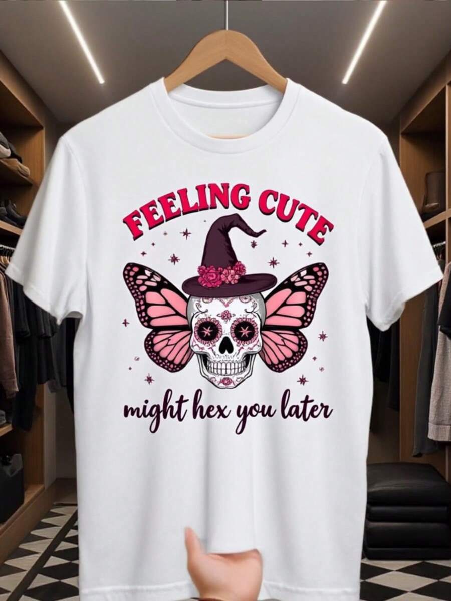 Camiseta de cráneo y maosa de bruja gótica de las mujeres - "Sentirse lindo podría hexagonizarlo más tarde" eslogan, manga corta de uste suelto blanco cuello redondo con estampado de hexágono rosa y negro para tres brujos y estilo gótico
