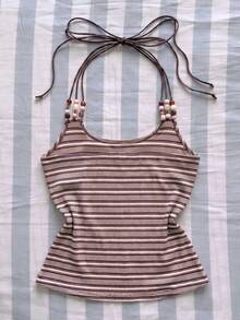 Women's Knit Striped Camisole, Regular Length, Open Back Tie Strap Design - Pink - View 2