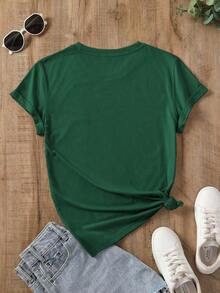 Camiseta casual versátil de mujer talla grande de cuello redondo y manga corta, de color liso - Verde Oscuro - Ver 2