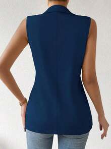 Blazer sin mangas de estilo elegante de color verde oliva para mujer, chaleco casual con solapa y botón en tela tejida lisa, corte regular - Azul - Ver 2