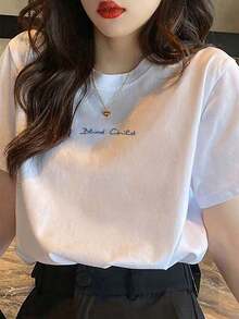 Camiseta de Mujer con Estampado Gráfico, Ligera, de Algodón, para Verano, con Estampado de Letras, Holgada, de Hombros Caídos, Cuello Redondo, Casual, Talla Grande, 100% Algodón Puro - Blanco - Ver 4