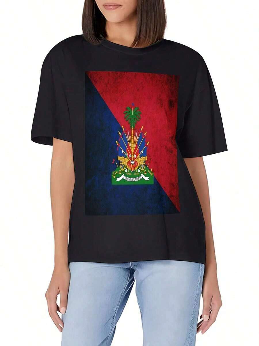 Camiseta Básica de Cuello Redondo con Bandera de Haití y Emblema Haitiano de Wo's - Algodón Suave, Corte Ajustado, Versátil para Uso Diario en Verano - Negro - Ver 1
