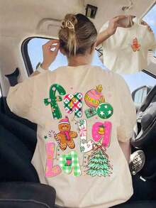 Camiseta de Mujer con Estampado Gráfico, Algodón Ligero, Camiseta de Verano con Estampado de Hombre de Jengibre FA LA LA, Linda Camiseta Navideña para Mujer, Cuello Redondo Casual de Manga Corta, Camiseta Estampada de Mujer de Talla Grande para Otoño/Invierno, 100% Algodón Puro - Albaricoque - Ver 5