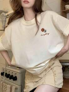 Camiseta de Mujer con Estampado Gráfico, Ligera, de Algodón, para Verano, con Estampado de Rosas, Cuello Redondo, Manga Corta, Casual, Talla Grande, 100% Algodón Puro - Albaricoque - Ver 1