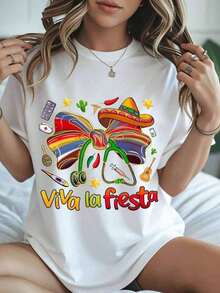 Fashionable Women's T-Shirt, Mexican Themed T-Shirt "Viva La Fiesta" With Hat Bow And Festive Details For Party Celebrations, Casual Summer Clothing For Women. - 白色 - 查看 6