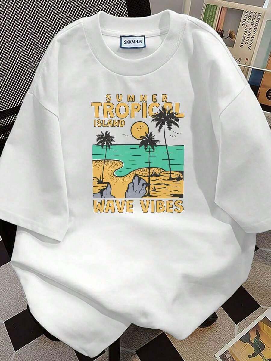 1 Yellow Island Tropical Wave Print T-Shirt - Featuring Palm Tree Print And Surf Logo, Hawaii/Turks And Caicos Lettering, Casual Short-Sleeve Beachwear For Summer, Machine Washable, Ideal For Vacations. 180g 100% Cotton, Patterns Are Fully Printed. Unisex. - 白色 - 查看 1