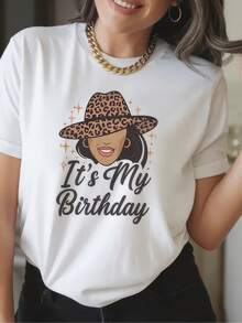 Camiseta Casual de Cuello Redondo para Mujer con Estampado Gráfico, Tejido de Punto 100% Poliéster, Manga Corta para Primavera/Verano, Diseño para Celebración de Cumpleaños, Estilo Y2k - Negro - Ver 1