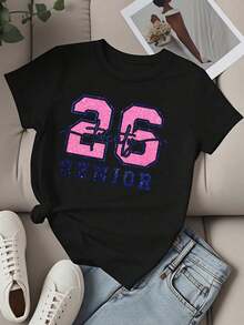 Camiseta de Cuello Redondo para Mujer, Talla 26, con Estampado Brillante 'Twenty Senior', Manga Corta, para Fiesta de Graduación, Celebración, Regalo - Negro - Ver 2