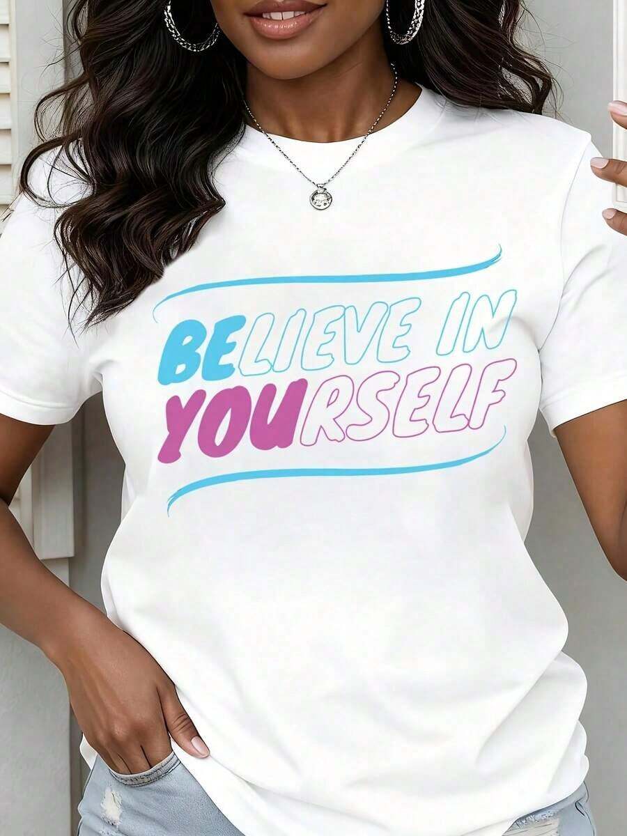Camiseta de Cuello Redondo para Mujer con Estampado 'Believe In Yours', Manga Corta, Casual para Uso Diario - Blanco - Ver 1