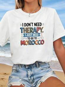 Talla grande para mujer, camiseta "No necesito relajarme, solo necesito Marruecos" - Top casual de manga corta y cuello redondo con estampado de temática marroquí, blusa de primavera verano adecuada para viajes, vacaciones y atuendo casual, camiseta cómoda lavable a máquina - Blanco - Ver 5