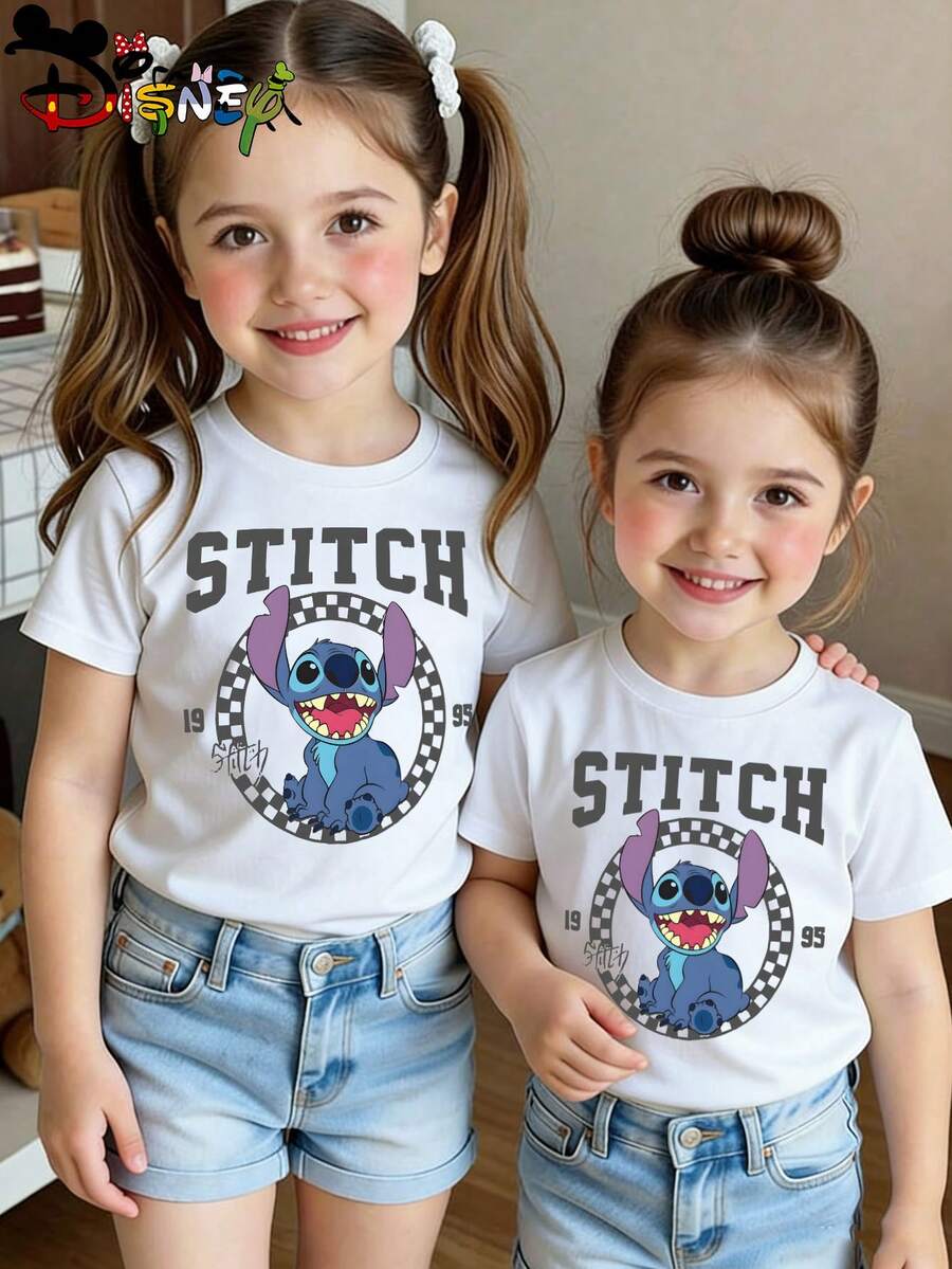 Disney Lilo & Stitch Stitch With Mickey Mouse Sketch Style Baby White T-Shirt, Cute Cartoon Print Sweatproof & Breathable Top For Toddler Girls - White - View 1