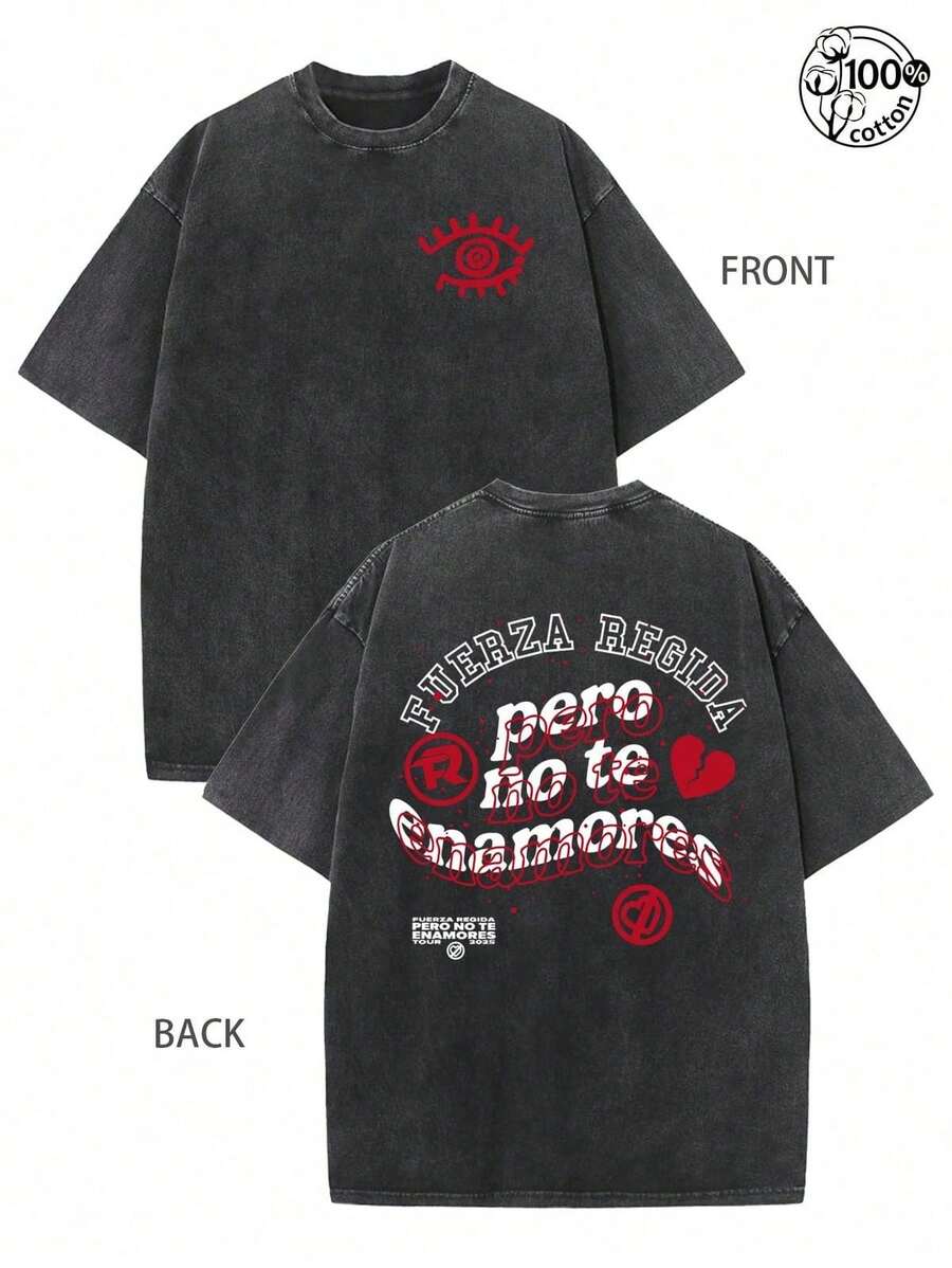 1 Piece Unisex Oversized Crew Neck Short Sleeve T-Shirt, Distressed And Washed, 100% Heavyweight 220g Cotton, Designed By Y2K Artists In A Vintage American Style, Graphic Print Of City Names, Ideal For Everyday Wear, Concerts And Festivals - 黑色 - 查看 1