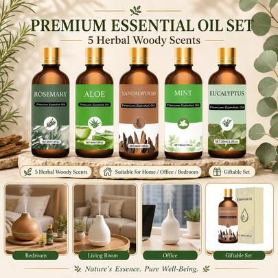 5pcs X 30ml Assorted Herbal & Woody Scented Glass Bottles, Quality Essential Oils For Aromatherapy Diffuser, Candle, Humidifier - Relaxing Forest Fragrance, Natural Aroma Oils For Home & Car