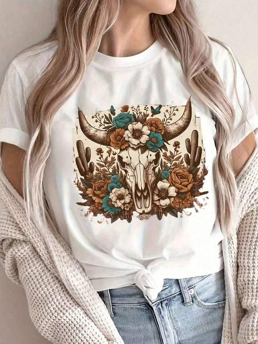 Camiseta Casual de Verano para Mujer con Estampado de Calavera Floral - Amarillo Suave, Cuello Redondo, Manga Corta, Top para Todas las Estaciones, Ropa Casual  Diseño de Calavera Floral  Ajuste Cómodo, Camiseta con Gráfico de Calavera - Blanco - Ver 1