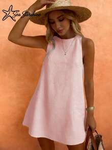 Starfish Women's Fashionable Versatile Minimalist Elegant Khaki Round Neck Sleeveless Dress, Suitable For Commuting In Spring And Summer Pink - Pink - View 4