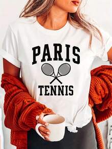 Fashionable Paris Tennis Letter Print T-Shirt, Short Sleeve, Round Neck, Casual Top For Summer And Spring, Women's Clothing, Comfortable Cotton T-Shirt - 白色 - 查看 1