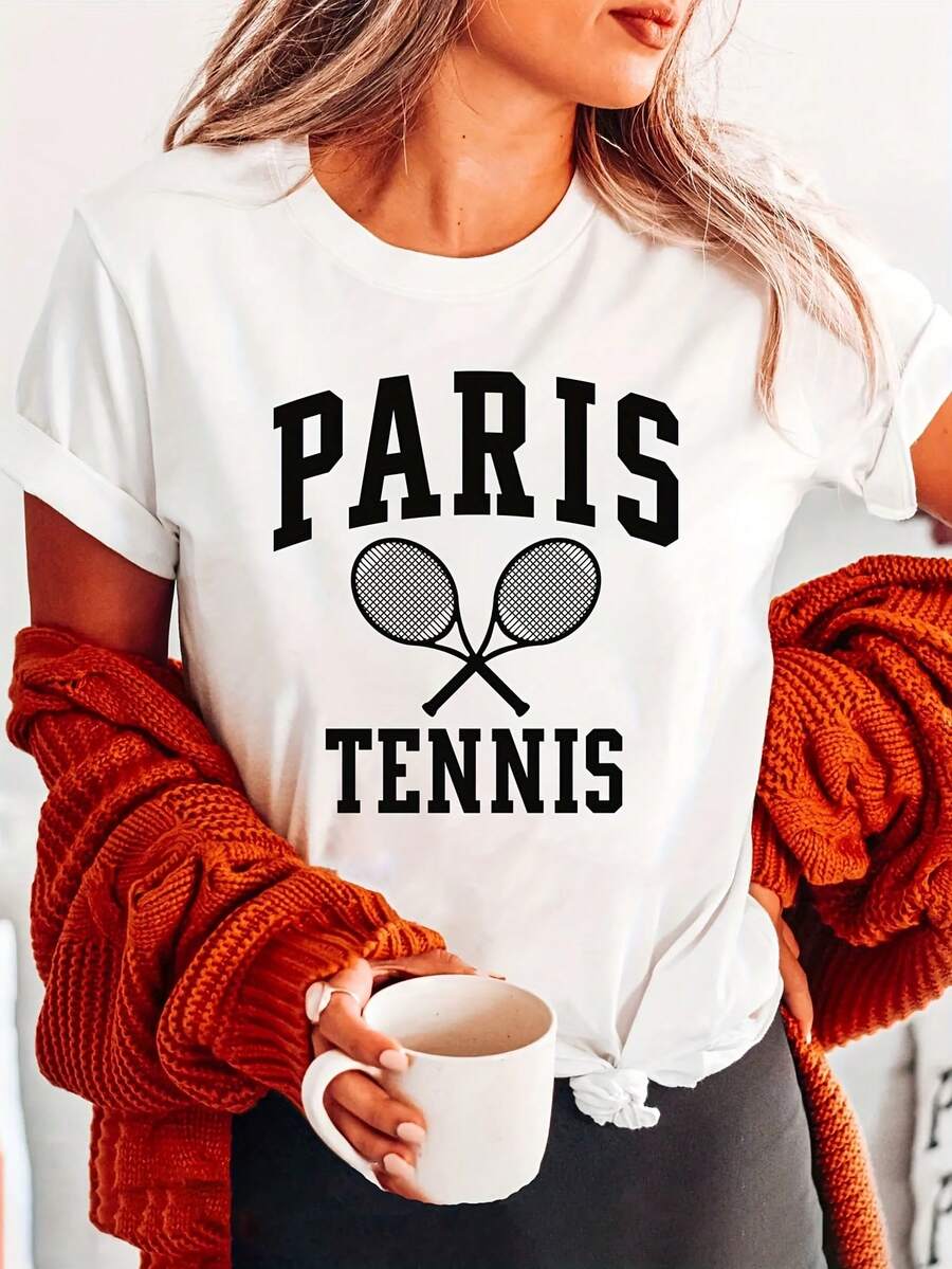 Fashionable Paris Tennis Letter Print T-Shirt, Short Sleeve, Round Neck, Casual Top For Summer And Spring, Women's Clothing, Comfortable Cotton T-Shirt - 白色 - 查看 1