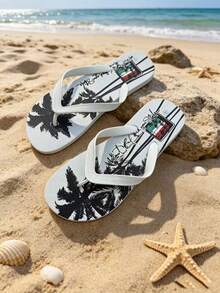 Men's Fashion Slippers With Coconut Tree & Letter Design, Casual Flip Flops For Beach, Party, Home & Outdoor, Summer - White a - View 4