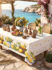 1 Set Lemon & Sunflower Printed Tablecloth, Mediterranean Summer Style, Made Of High-Quality Polyester Fabric, Round/Oval Shape, Waterproof, Oil-Proof, Wrinkle-Resistant, Dust-Proof, Reusable And Washable, Decorated With Ruffled Lace Trim, Soft And Durable, Suitable For Indoor And Outdoor, Daily Dining Room Decor - Multicolor - View 9