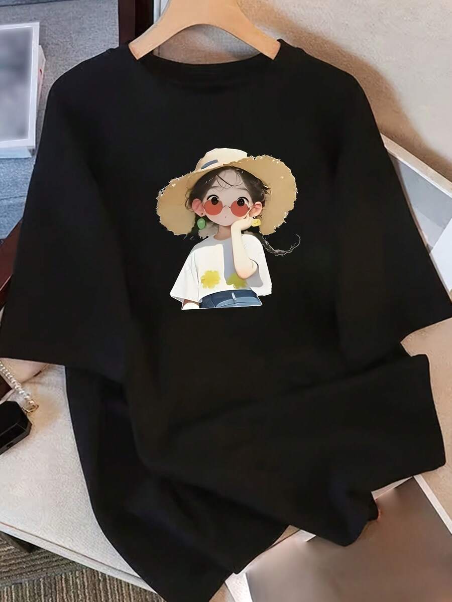 Women's Minimalist Casual Summer T-Shirt, Pure Cotton, Loose Round Neck, Versatile Women's Clothing, Comfortable Casual T-Shirt For Young Girls, Fashionable Short Sleeve Tops For Everyday Wear - 黑色 - 查看 1
