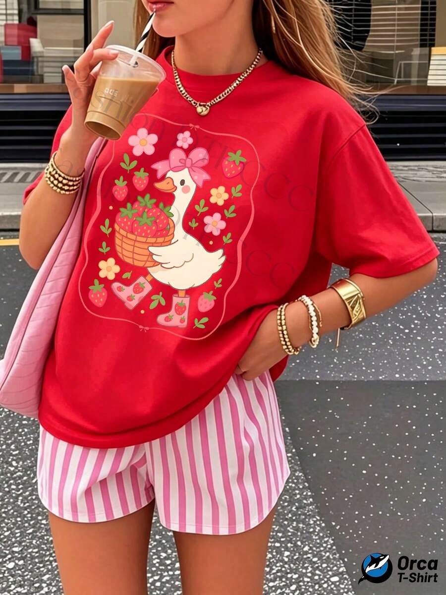 Fashionable And Personalized Y2K Women's T-Shirt, 180g Pure Cotton, Loose-Fitting Short-Sleeved Top, Stylish Urban Design, Casual And Breathable For Everyday Wear, Creative Print Summer Set, Perfect Gift For Outdoor Sports. Cute And Feminine Design Featuring A Pink Duck Holding A Basket Of Strawberries With Floral And Strawberry Motifs, Suitable For Spring And Summer Wear. - 紅色 - 查看 1