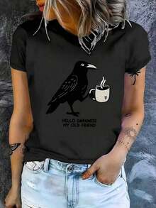 Camiseta Suave y Cómoda Estilo Coreano para Uso Casual, Camiseta de Manga Corta de Algodón Ajustada para Mujer, con un Delicado Estampado de Cuervos y Tazas de Café.Suave y cómodo, perfecto para el uso diario y una prenda versátil. 100% algodón transpirable. - Negro - Ver 7