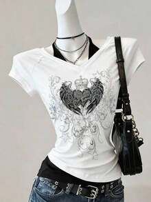 Camiseta de mujer casual de cuello en V retro, con atar, de manga corta y contraste de color, adecuada para el verano - Blanco 3 - Ver 3